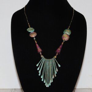 🌈 Vintage Statement Necklace · 22" Chain · 3" Drop · Turquoise, Purple, Brass